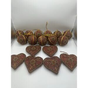 Hand Embroidered Zardozi Christmas Ornaments Maroon Brocade Gold Set of 17 EUC